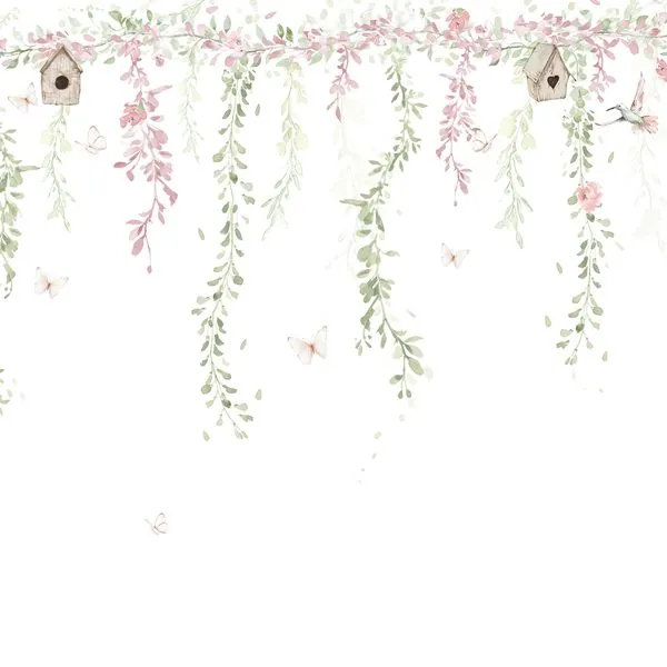 Folhagens Aquarela Verde e Rosa — estampa do papel de parede