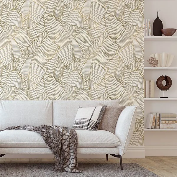 Folhas de Bananeira Gold — ambiente com o papel de parede aplicado
