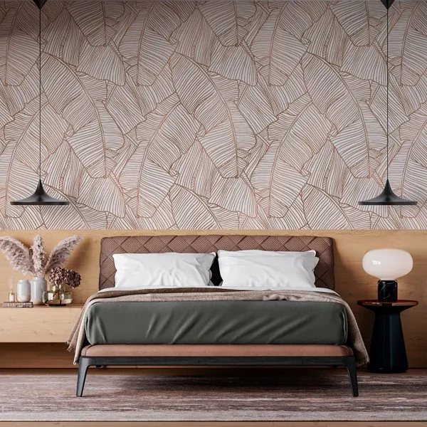 Folhas de Bananeira Rose Gold — ambiente com o papel de parede aplicado