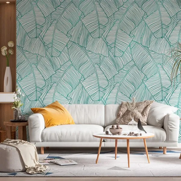 Folhas de Bananeira Tiffany Gold — ambiente com o papel de parede aplicado