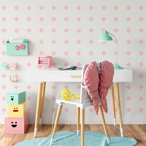 Geométrico Losangos Rosa — ambiente com o papel de parede aplicado