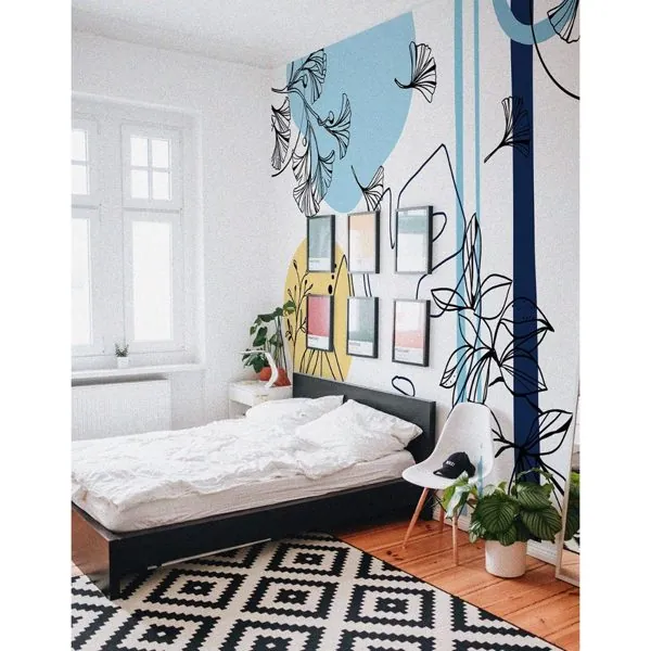 Ginkgo Azul e Amarelo — ambiente com o papel de parede aplicado