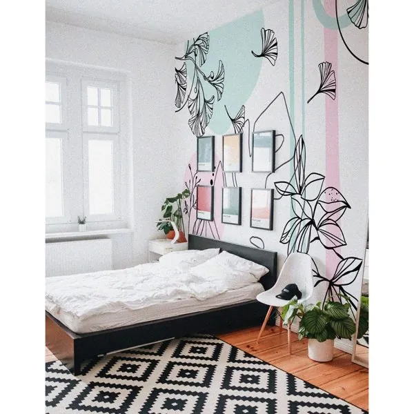 Ginkgo Rose e Verde — ambiente com o papel de parede aplicado