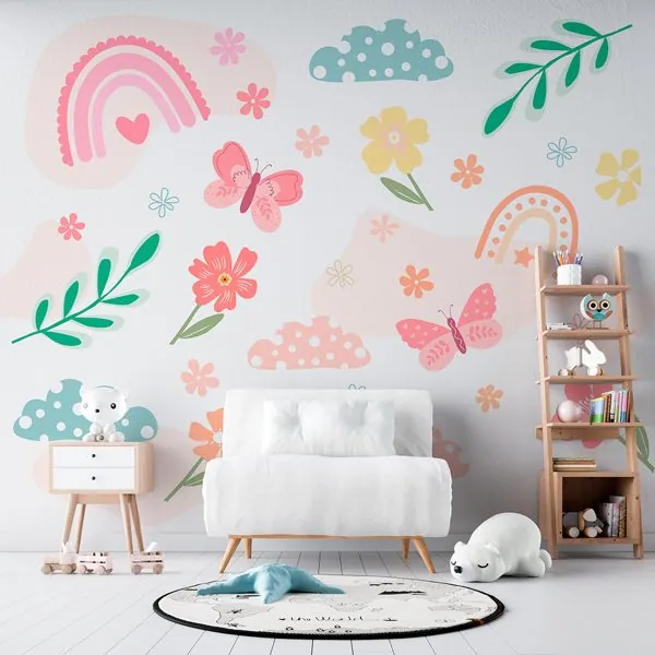 Grandes Borboletas Flores e Arco Íris — ambiente com o papel de parede aplicado