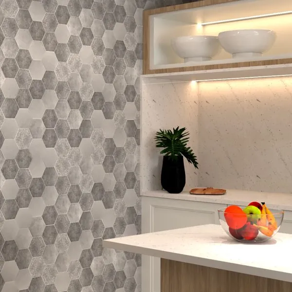 Hexagonos Concreto — ambiente com o papel de parede aplicado