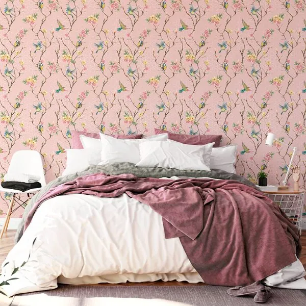 Jardim de Passaros Rose — ambiente com o papel de parede aplicado