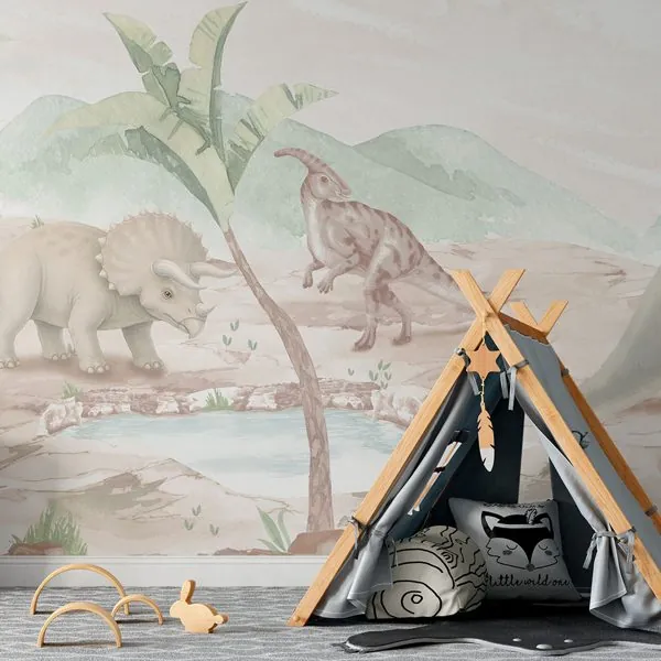 Jurássico Aquarela — ambiente com o papel de parede aplicado