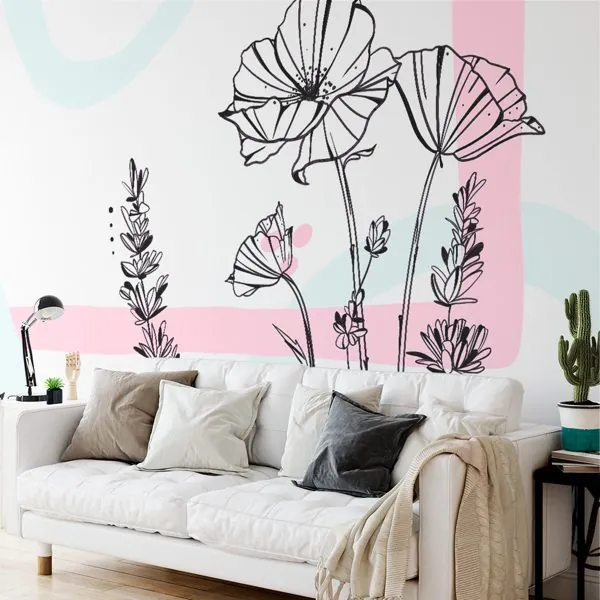 Lavanda e Papoula Rosa Verde — ambiente com o papel de parede aplicado