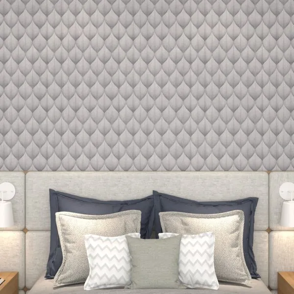 Linen Abstrato Folhas Cinza — ambiente com o papel de parede aplicado