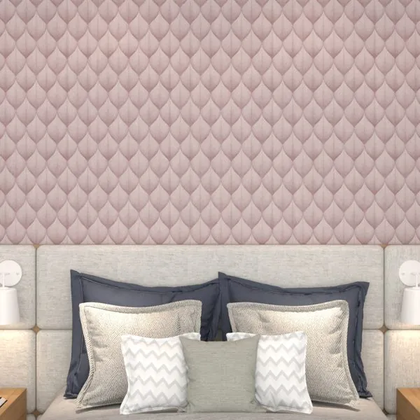 Linen Abstrato Folhas Rose — ambiente com o papel de parede aplicado