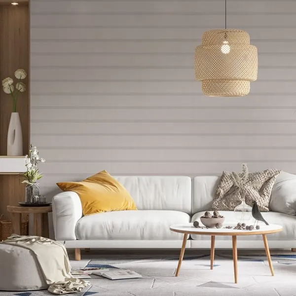 Listrado Horizontal Risk Camurça — ambiente com o papel de parede aplicado