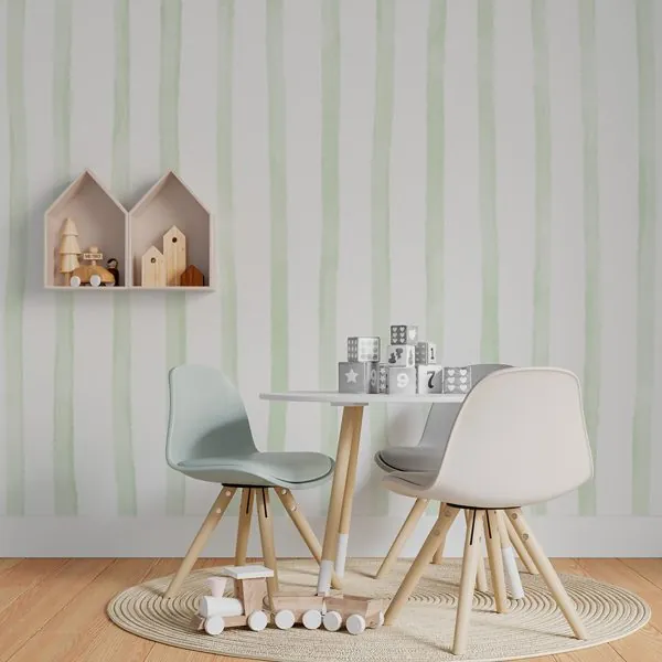 Listras Verticais Aquarela Verde — ambiente com o papel de parede aplicado