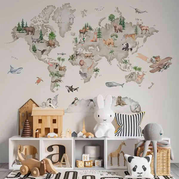Mapa Animais Aquarela Areia — ambiente com o papel de parede aplicado