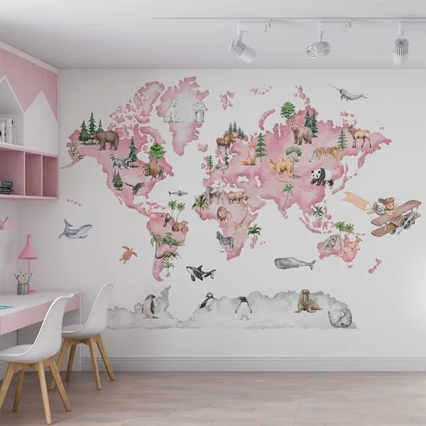 Mapa Animais Aquarela Rosa — ambiente com o papel de parede aplicado