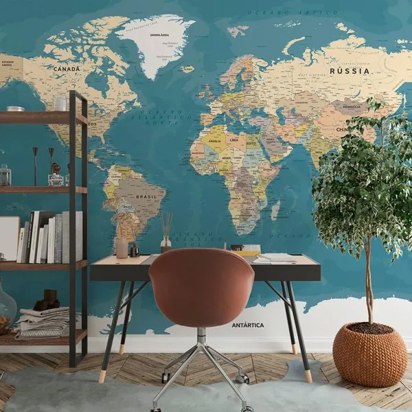 Mapa do Mundo Azul — ambiente com o papel de parede aplicado