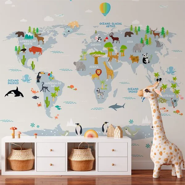Mapa Mundi Animais Areia — ambiente com o papel de parede aplicado