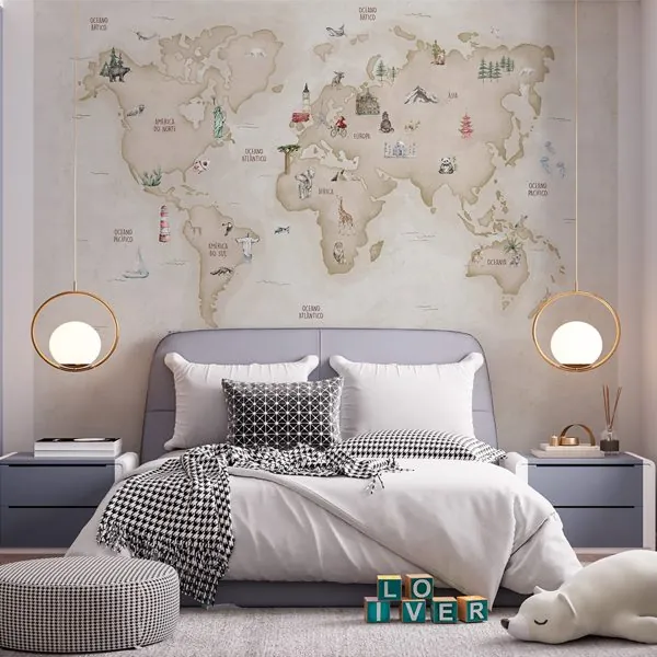 Mapa Mundi Infantil Areia — ambiente com o papel de parede aplicado