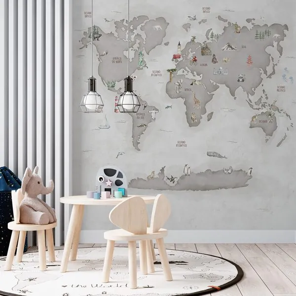 Mapa Mundi Infantil Cinza — ambiente com o papel de parede aplicado