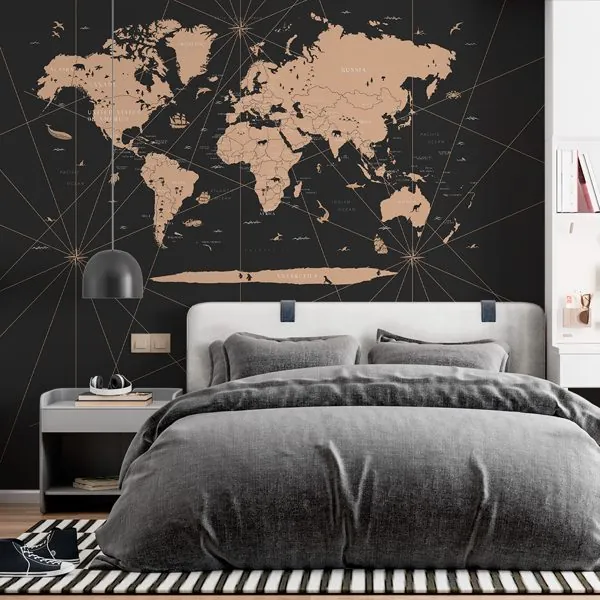 Mapa Mundi Preto — ambiente com o papel de parede aplicado