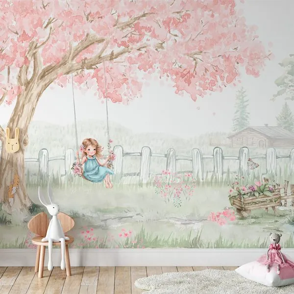 Menina no Balanço — ambiente com o papel de parede aplicado