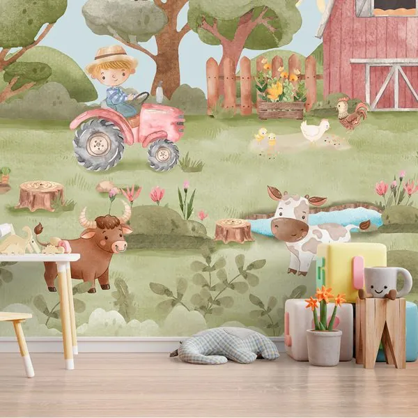 Menino na Fazendinha — ambiente com o papel de parede aplicado