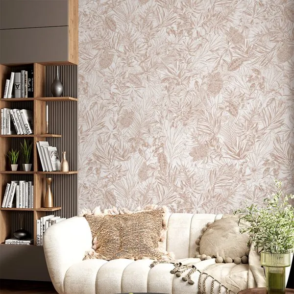 Mix Folhagem Grayscale Areia — ambiente com o papel de parede aplicado