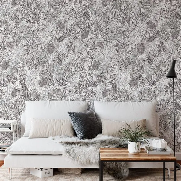 Mix Folhagem Grayscale Cinza — ambiente com o papel de parede aplicado