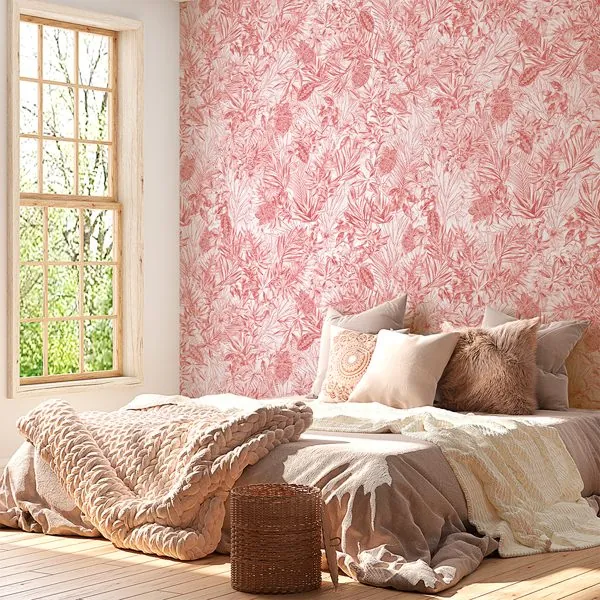 Mix Folhagem Grayscale Rose — ambiente com o papel de parede aplicado