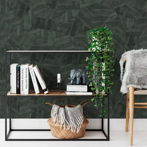 Mosaico de Linhas Verde — ambiente com o papel de parede aplicado