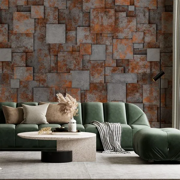 Mosaico Pedra Ferro Ferrugem — ambiente com o papel de parede aplicado
