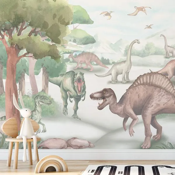 Mundo dos Dinossauros — ambiente com o papel de parede aplicado