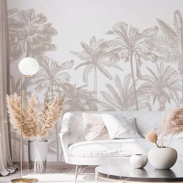 Palm Trees Monocromática Areia — ambiente com o papel de parede aplicado