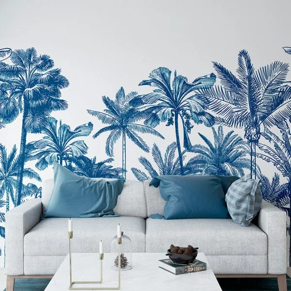 Palm Trees Monocromática Azul — ambiente com o papel de parede aplicado