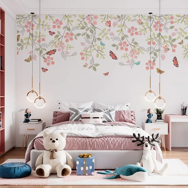 Pendente Aquarela Botânica Soft — ambiente com o papel de parede aplicado