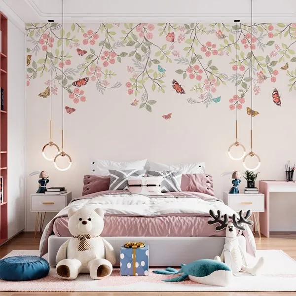 Pendente Aquarela Botânica — ambiente com o papel de parede aplicado