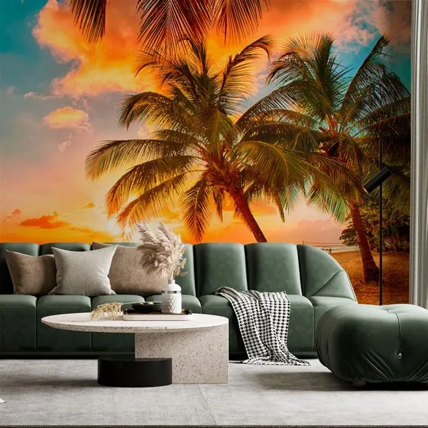 Por do Sol na Praia — ambiente com o papel de parede aplicado