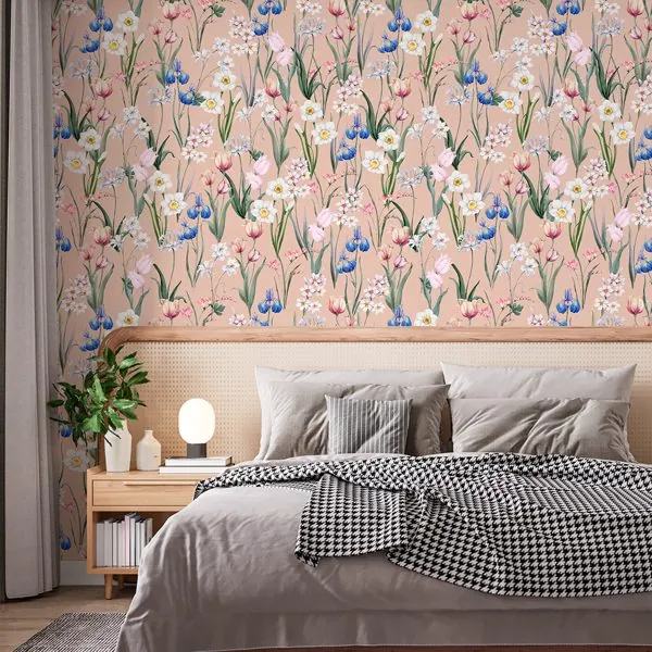 Primavera Garden Mocha — ambiente com o papel de parede aplicado