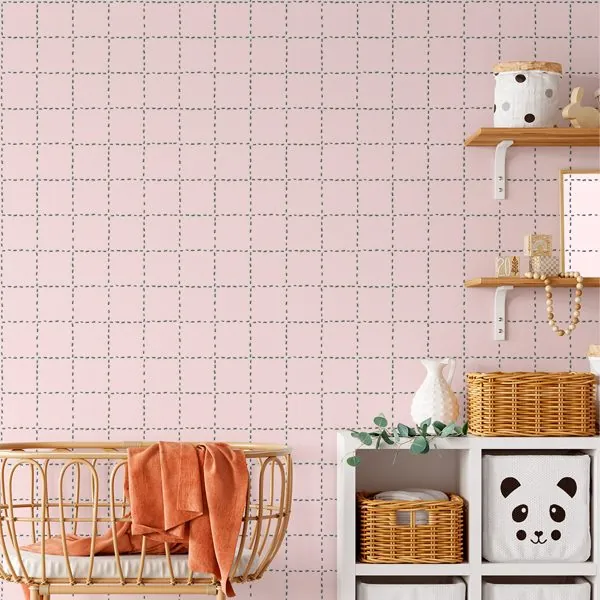 Quadriculado Formigas Rosa — ambiente com o papel de parede aplicado