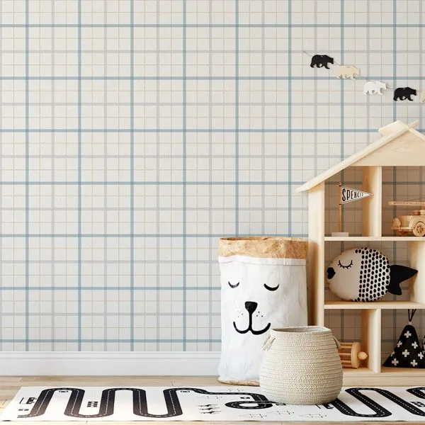 Quadriculado Intercalado Azul — ambiente com o papel de parede aplicado