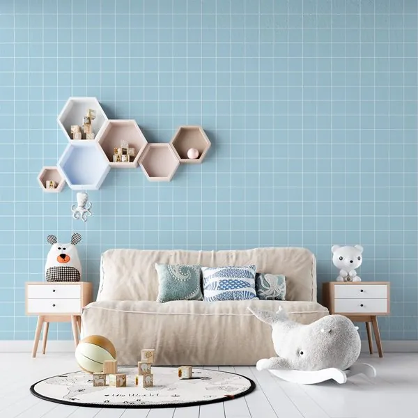 Quadriculado Riscado Azul — ambiente com o papel de parede aplicado