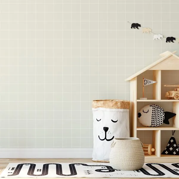 Quadriculado Riscado Off White — ambiente com o papel de parede aplicado