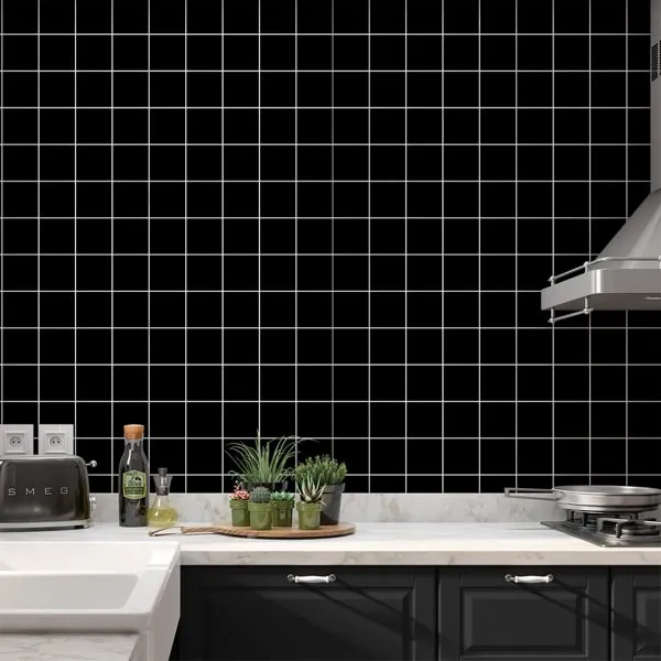 Quadriculado Riscado Preto — ambiente com o papel de parede aplicado