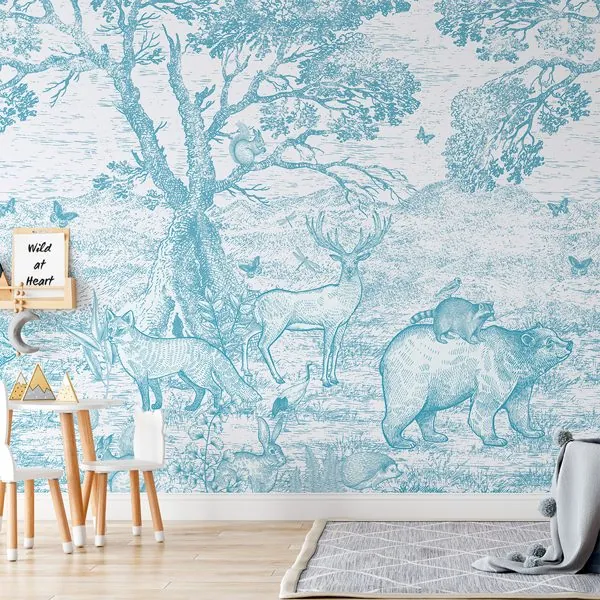 Retrato da Floresta Azul — ambiente com o papel de parede aplicado