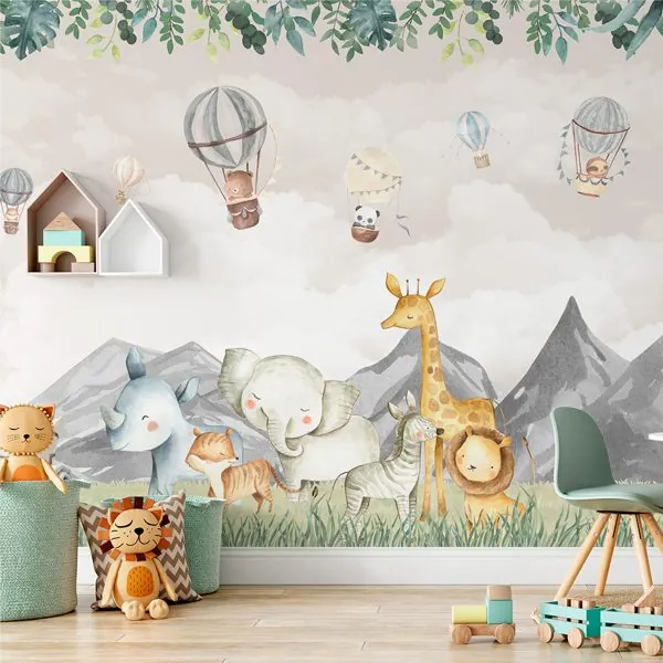 Savana Aquarela Infantil — ambiente com o papel de parede aplicado
