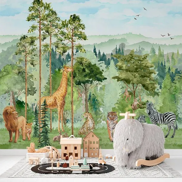 Selva Aquarela — ambiente com o papel de parede aplicado