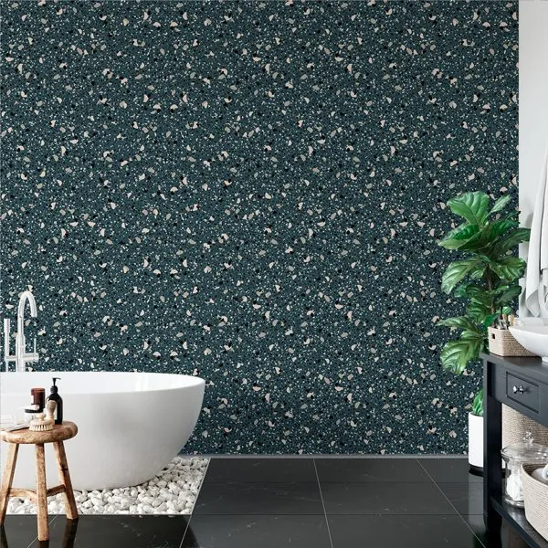 Terrazzo Azul Marinho — ambiente com o papel de parede aplicado