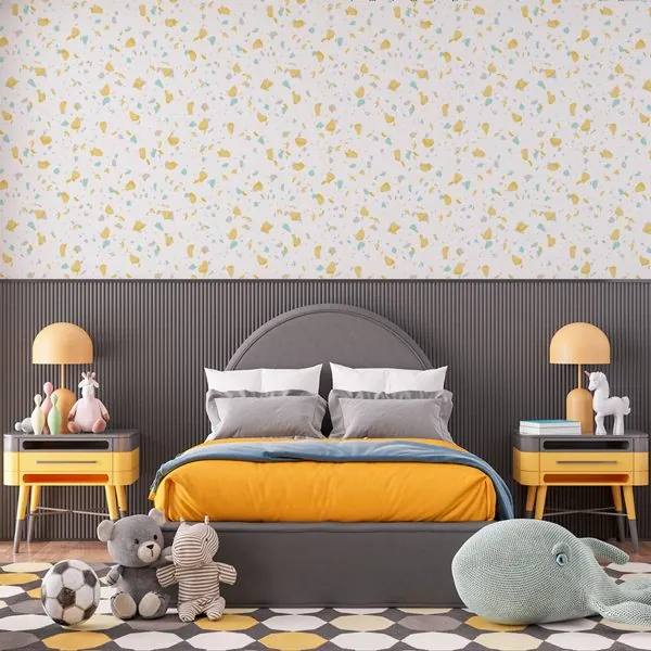 Terrazzo Clean Amarelo e Tiffany — ambiente com o papel de parede aplicado