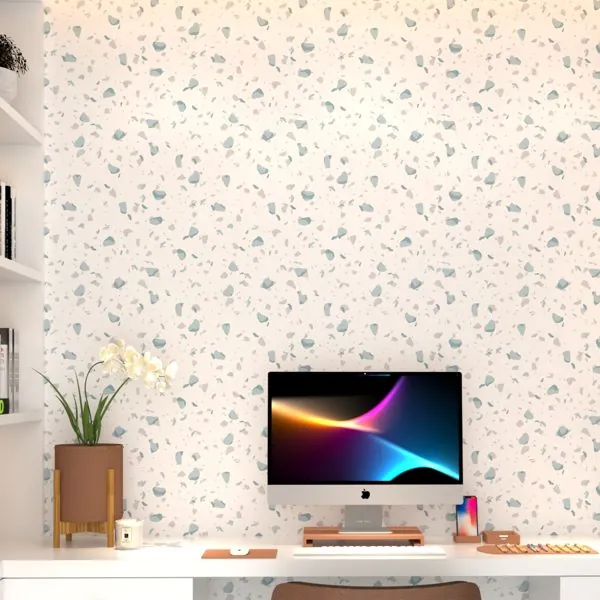 Terrazzo Clean Azul Claro — ambiente com o papel de parede aplicado