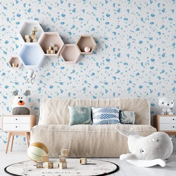 Terrazzo Clean Azul e Tiffany — ambiente com o papel de parede aplicado