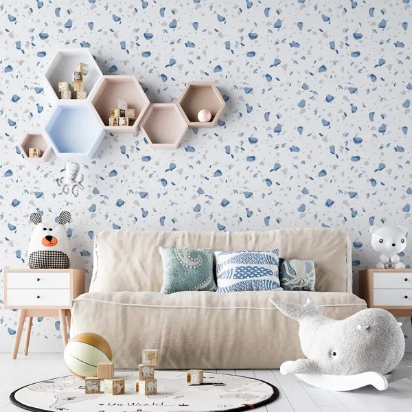 Terrazzo Clean Azul — ambiente com o papel de parede aplicado